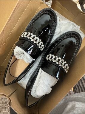 LOFT Black Patent Loafers with Crystal Chain Trim
